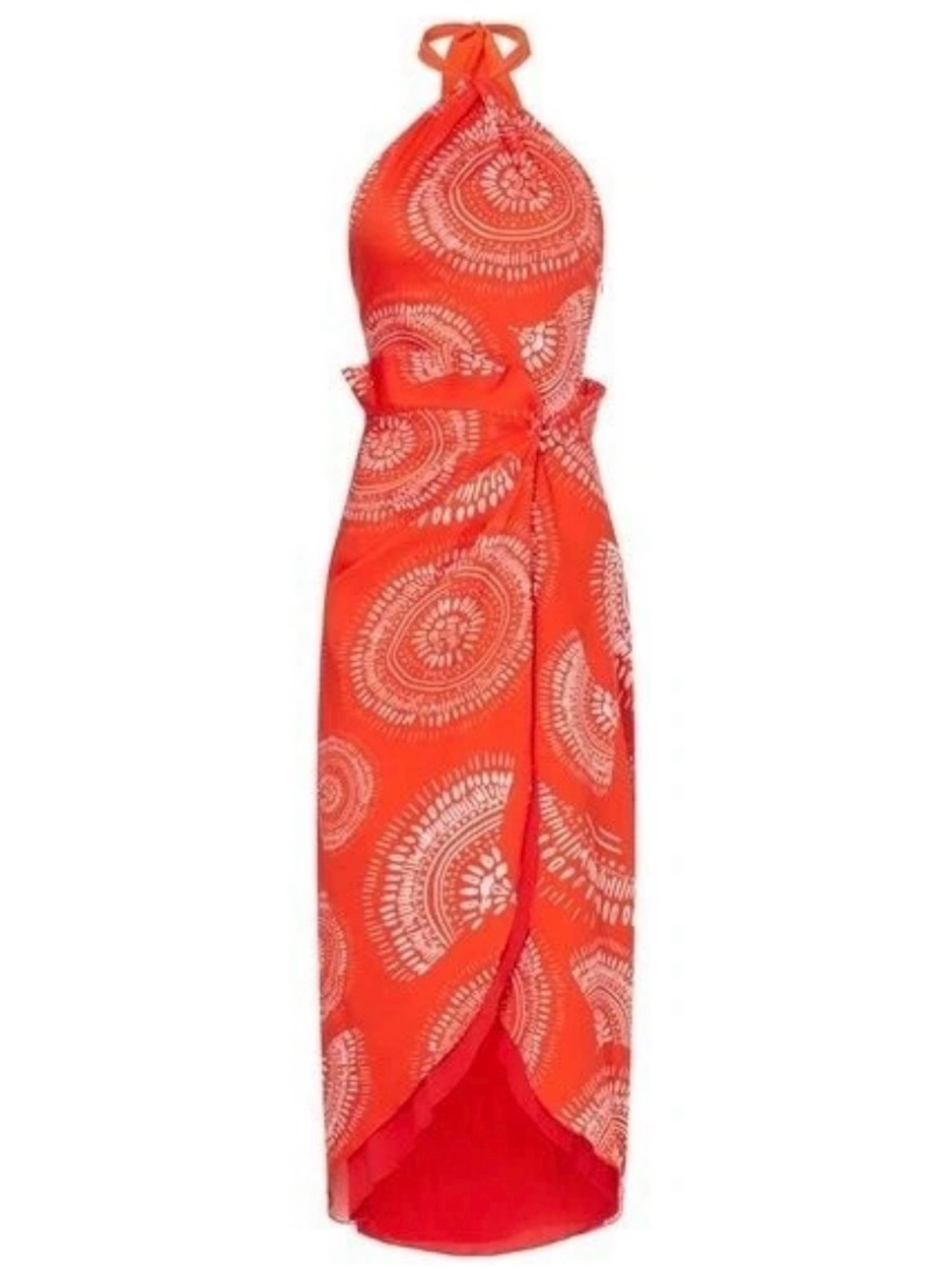 Red Halter Maxi Dress with White Medallion Print